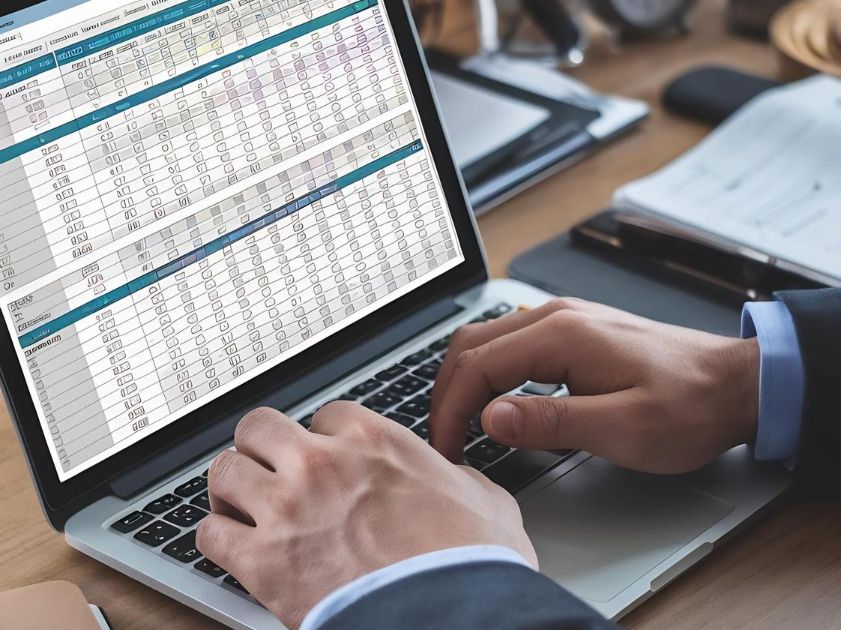 Mann går over tabell på en laptop